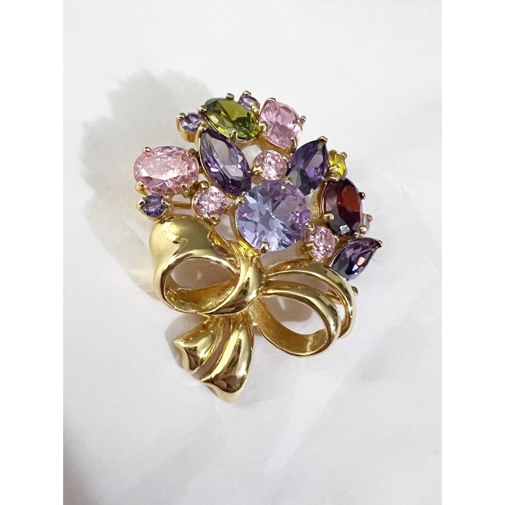 Vtg Unsigned Goldtone Multi-Color Crystal Brooch Pin Floral Bouquet EUC